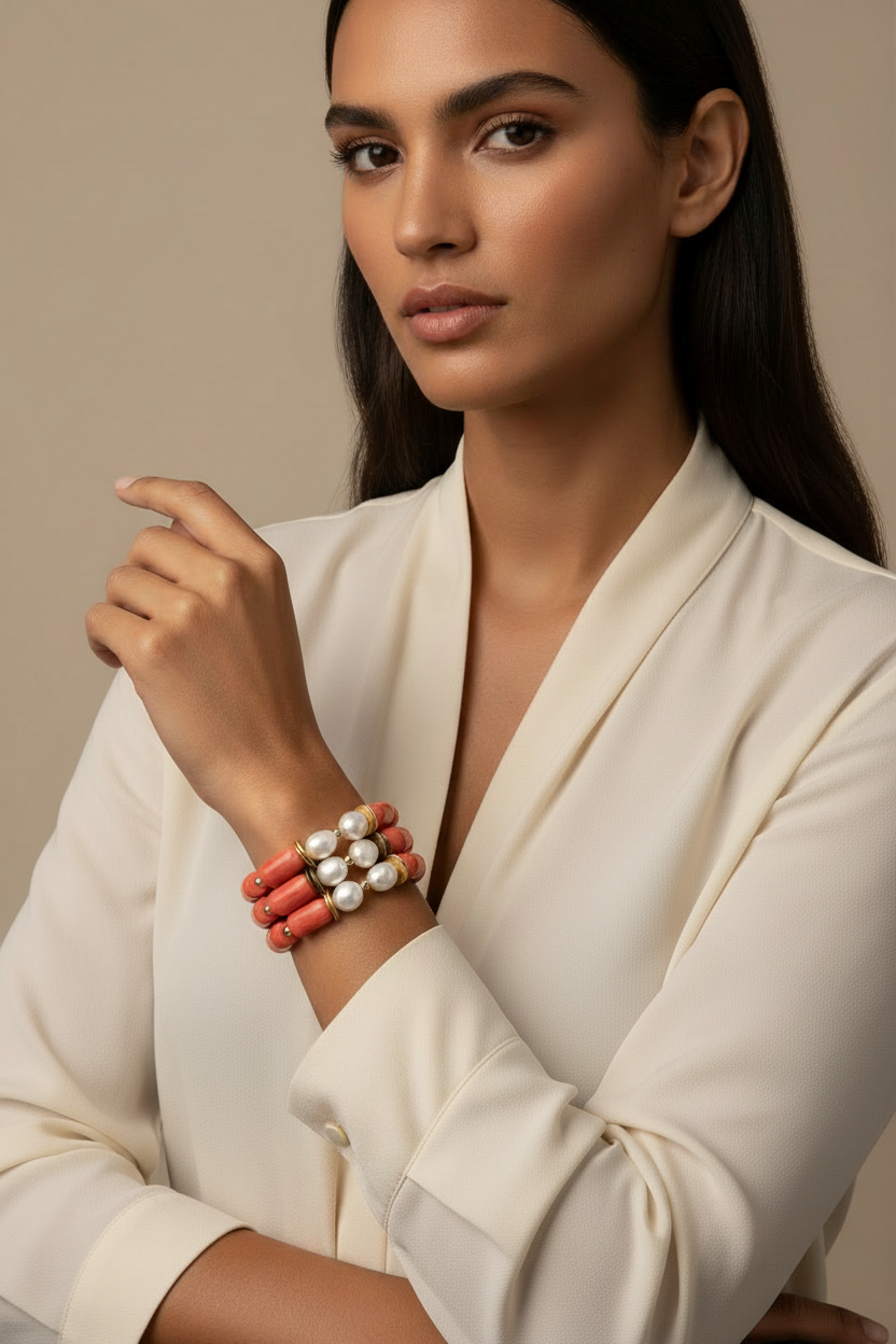 Freshwater Pearl Stretch Bracelet Worn by Model – Bamboo Bead Stack Jewelry