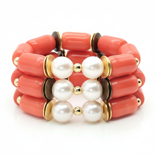 Bamboo & Freshwater Pearl Stretch Bracelet – 18k Gold & Bronze Beads
