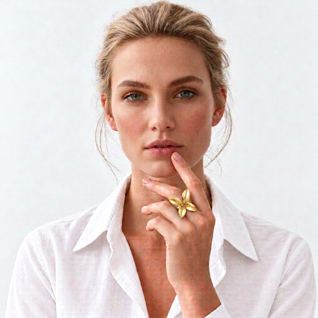 Model wearing the flower petals adjustable ring in 18k PVD Gold with her hand held near her face