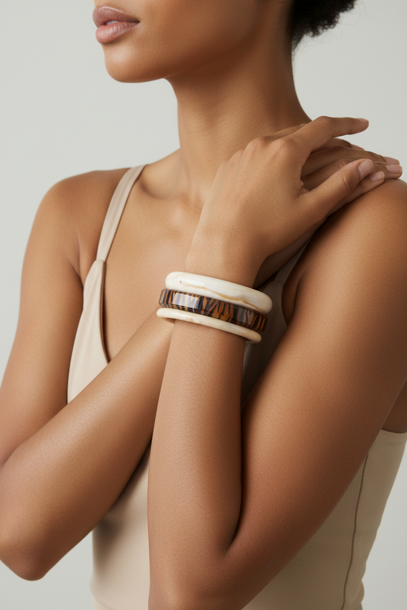 Bangle trio on Nordic tan model - upper body
