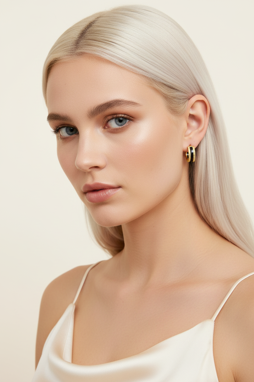 Small black enamel huggie hoop earrings on model, 18K gold plated, minimalist jewelry
