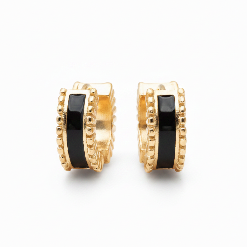 Black enamel 18K gold plated huggie hoop earrings pair, radial ridged edges, 12mm
