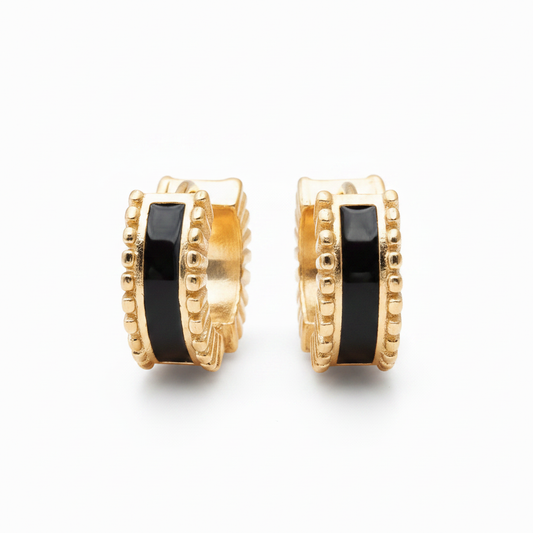 Black enamel 18K gold plated huggie hoop earrings pair, radial ridged edges, 12mm
