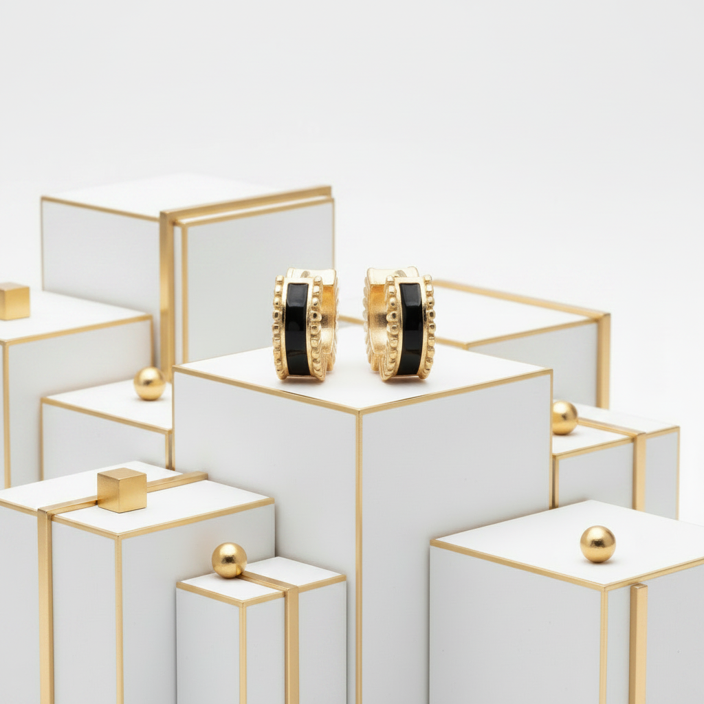 Black enamel gold huggie hoop earrings, radial texture, 18K gold plated, 12mm diameter
