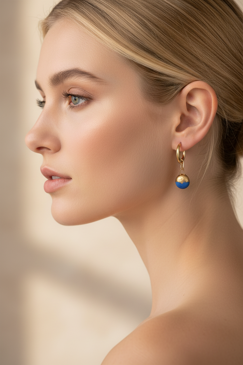 Blonde model wearing 18k gold plated hoops with small French ceramic charm