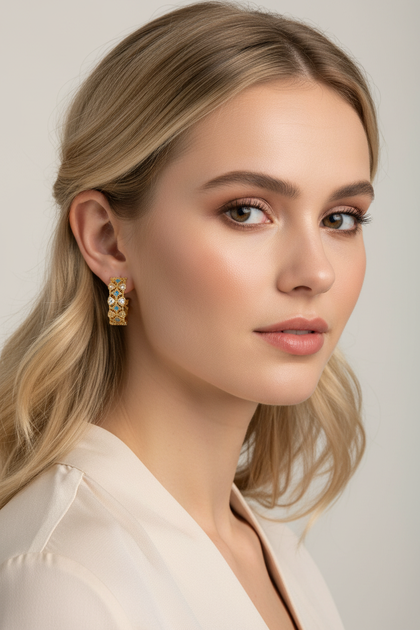 Blonde model wearing gold plated hoop earrings with turquoise cubic zirconia accents in editorial style