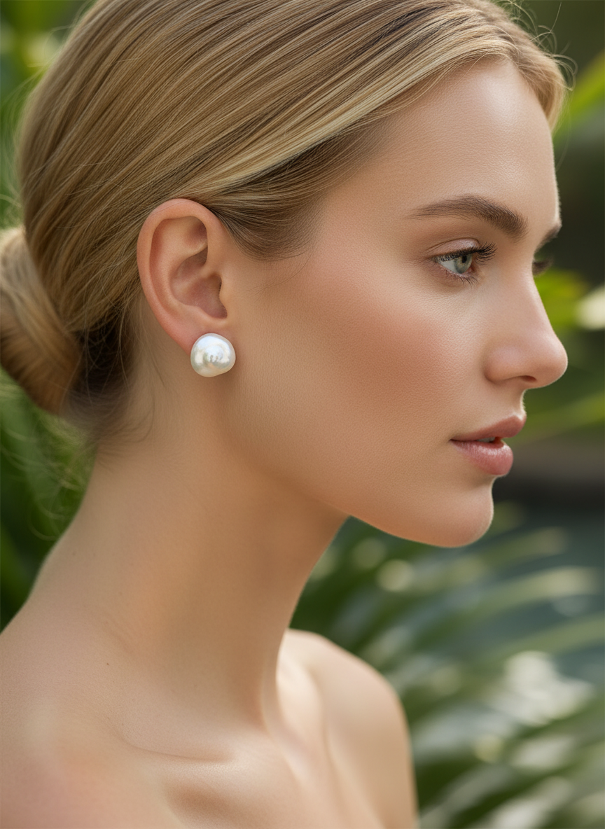 Blonde model wearing keshi pearl earrings