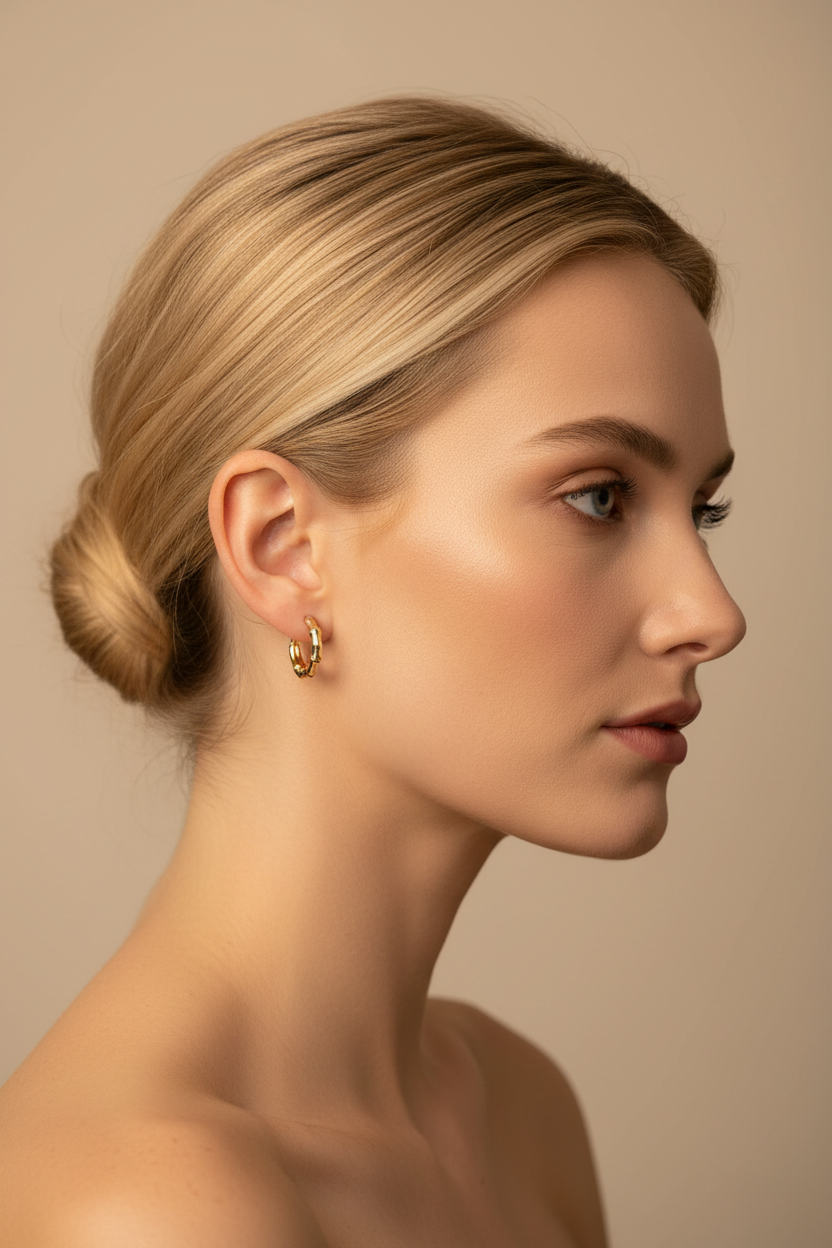 Blonde model wearing small gold bamboo stud hoop earrings - boho chic jewelry styling