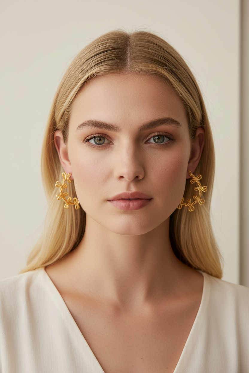 Blonde model wearing large twisted 18k gold plated hoop stud earrings showcasing statement design