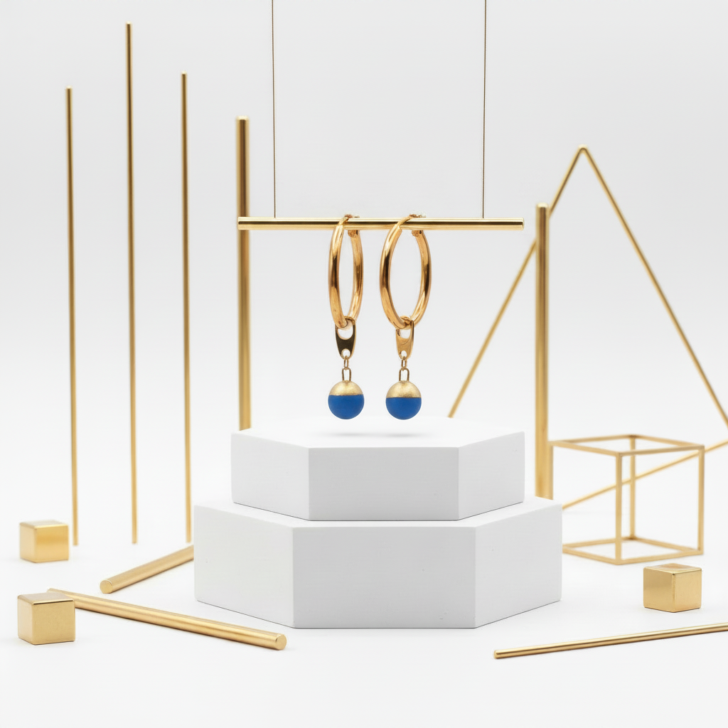 Removable Blue Ceramic Charm Hoops 18k Gold Plated White Gold Setting Luxury Earrings
