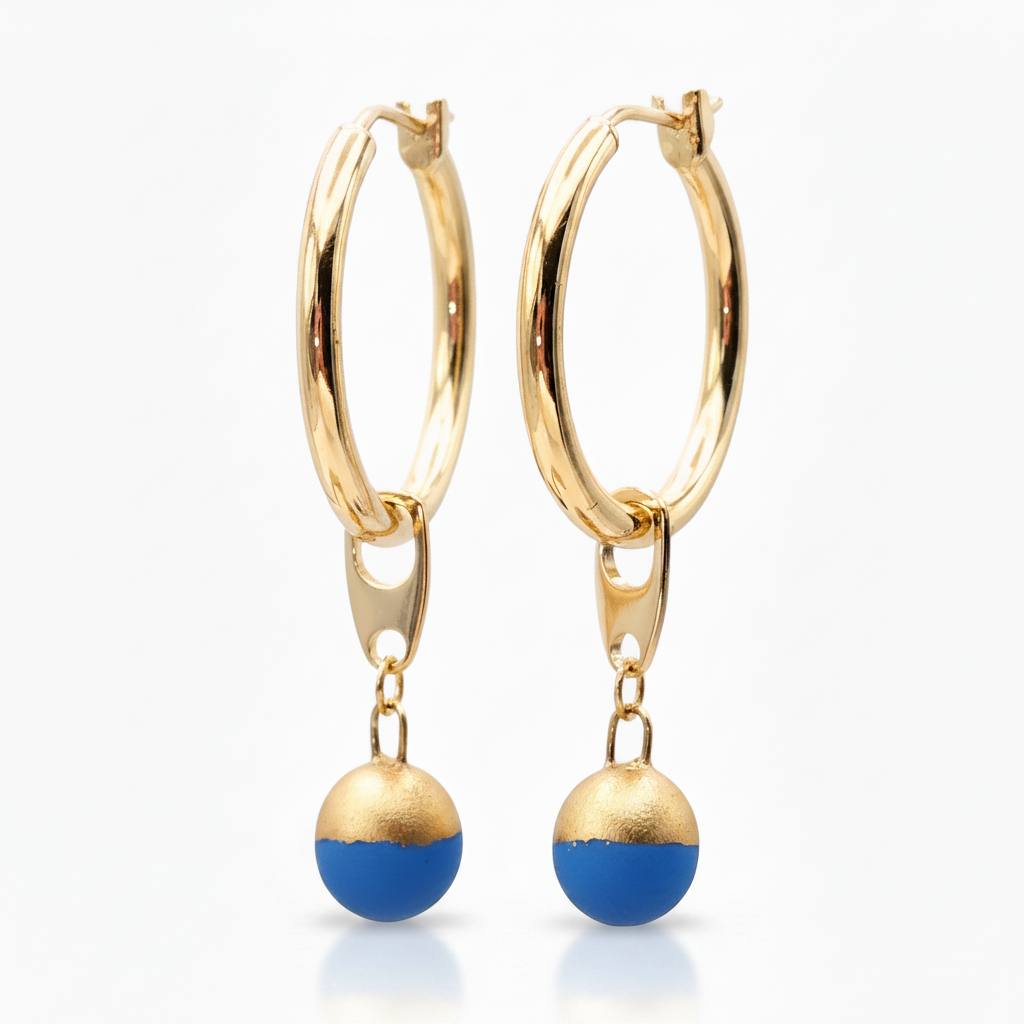 Blue French Ceramic Charm Hoop Earrings 18k Gold Plated 20mm Removable Pendant
