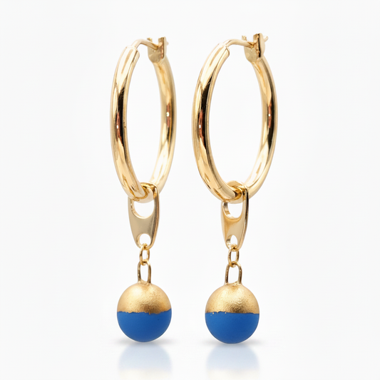 Blue French Ceramic Charm Hoop Earrings 18k Gold Plated 20mm Removable Pendant
