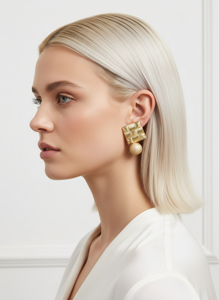 Bold gold button stud earrings worn on model, statement jewelry
