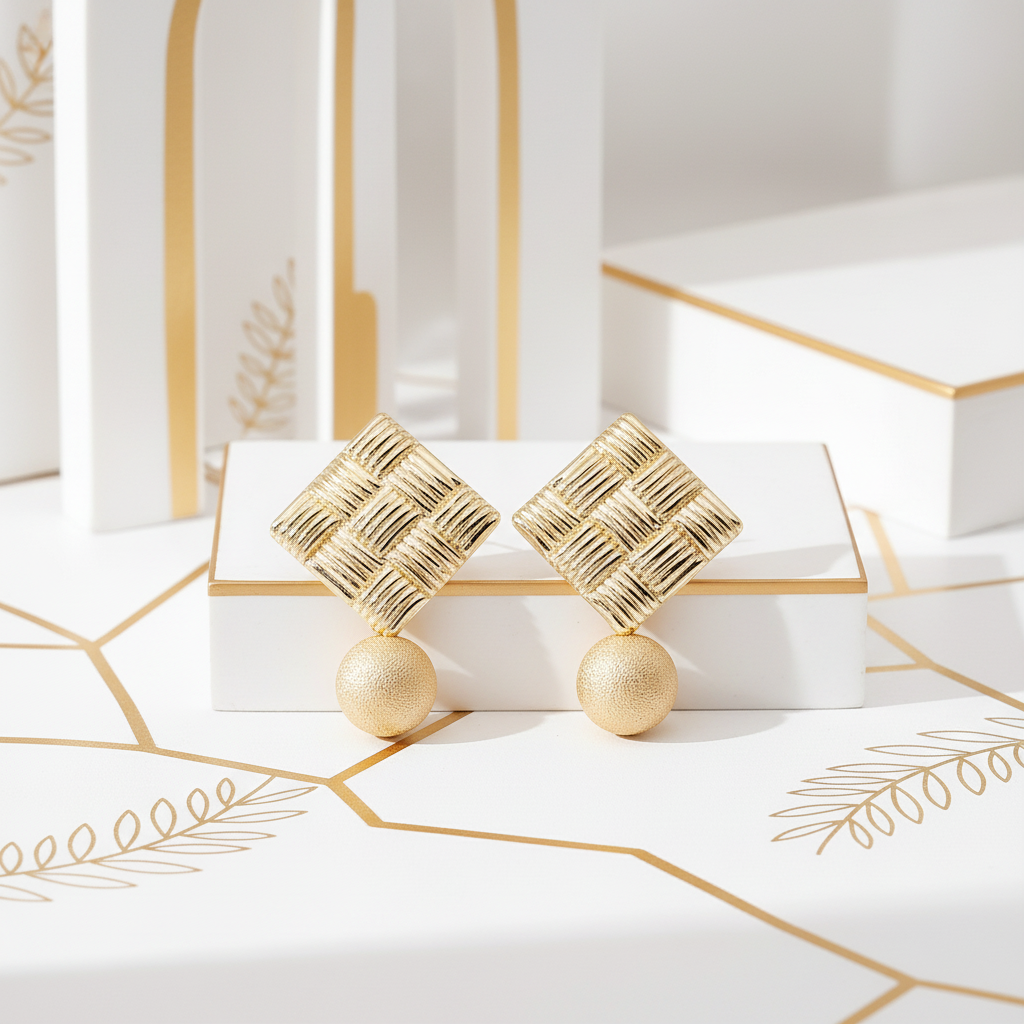 Bold gold button earrings with dangle beads styled in elegant white and gold setting