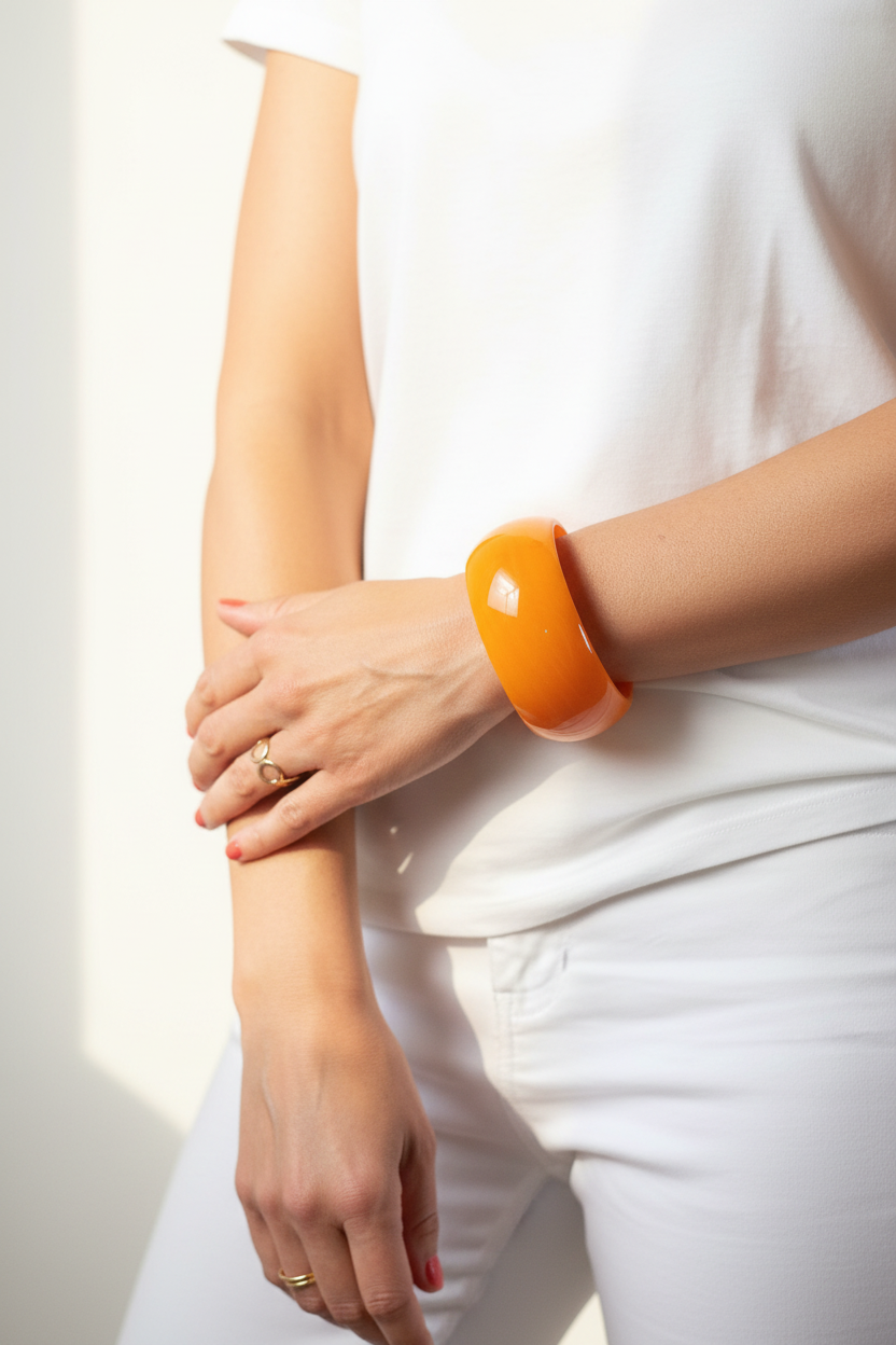 Bold Orange Chunky Resin Bangle Worn by Model - Stackable Statement Bracelet | Ms Friesch