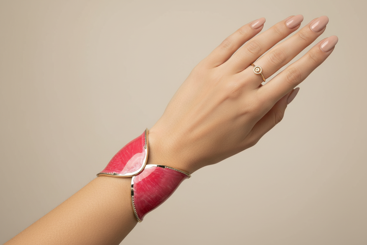 Model wearing bold red enamel and gold cuff bracelet - lifestyle shot showcasing chunky statement bangle