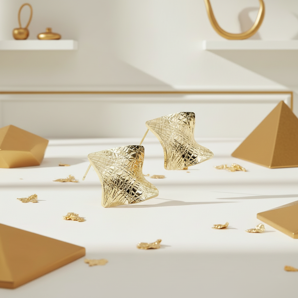 Bold wavy gold stud earrings with chunky geometric diamond shape in white and gold luxury setting | Ms Friesch
