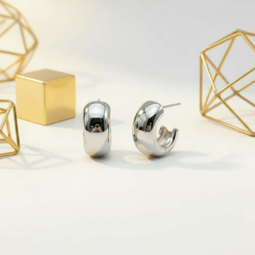 Chunky Open Hoop Stud Earrings Pair - Rhodium Plated 22mm High Polish Finish | Ms Friesch