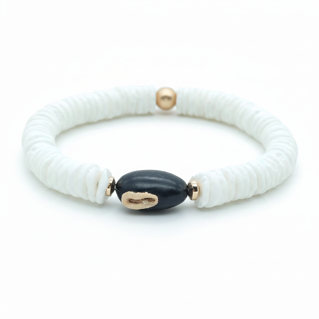 Shell Beaded Stretchy Bracelet Black Seed Bead Gold Hematite

