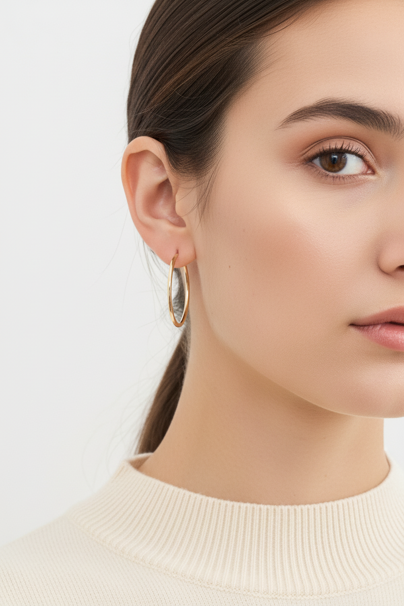 Woman wearing large gold hoop earrings 35mm statement hoops