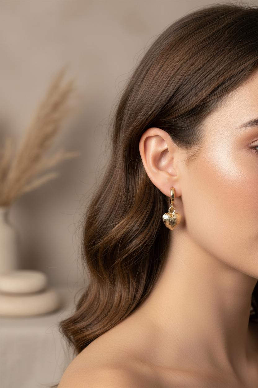 Woman wearing gold heart huggie earrings - romantic everyday jewelry