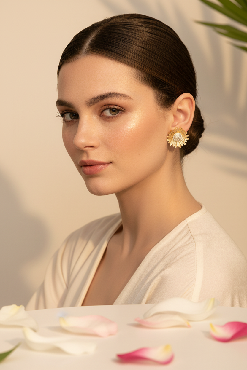 Chunky daisy gold CZ button stud earrings with cubic zirconia stones - detail view