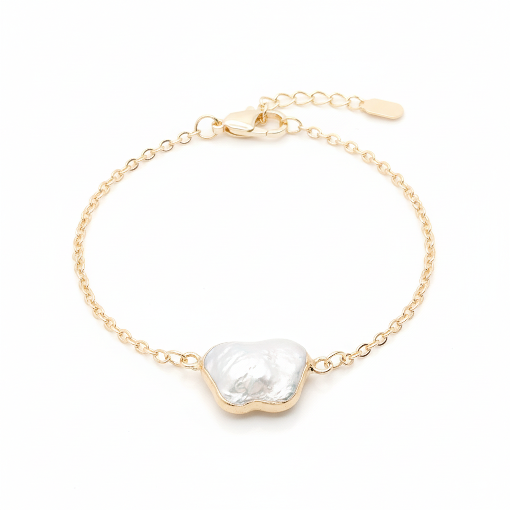 Delicate butterfly pearl gold plated chain bracelet 16cm on white background