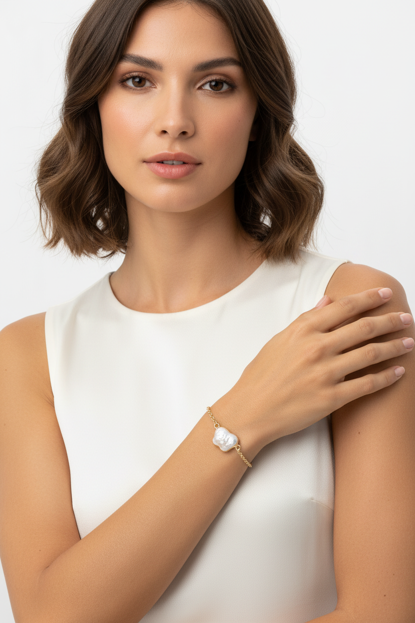 Brown hair tan skin model wearing delicate butterfly pearl gold plated bracelet