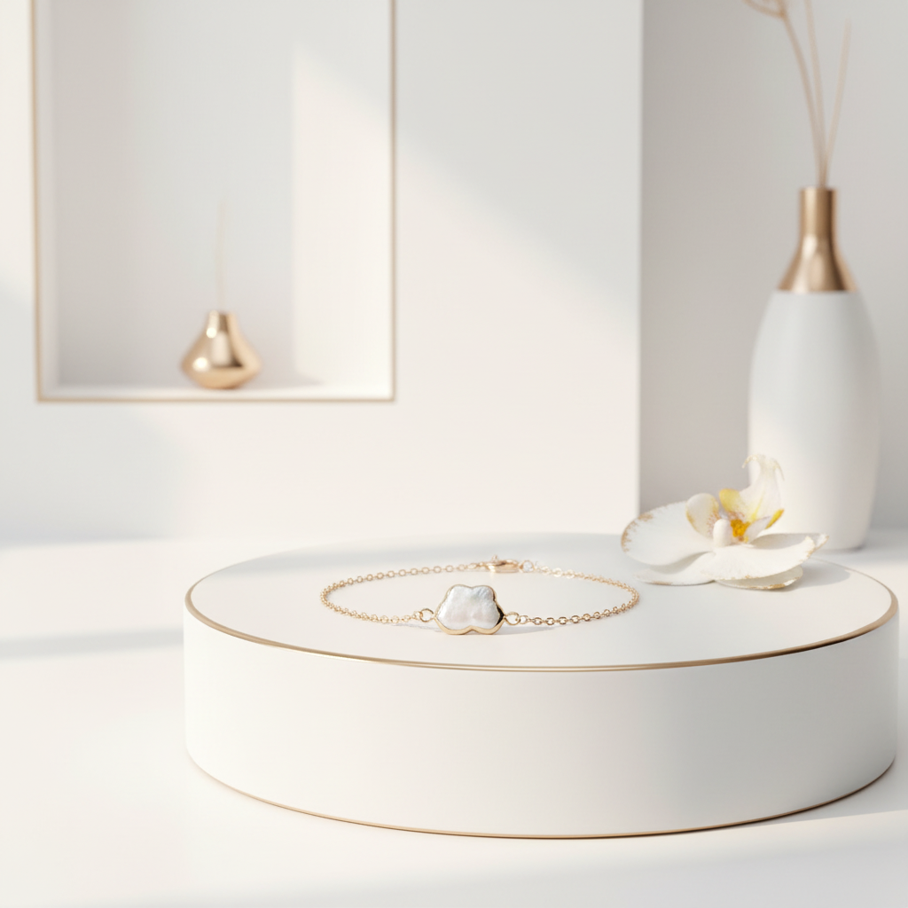 Butterfly pearl gold bracelet displayed in elegant white and gold spa luxury setting