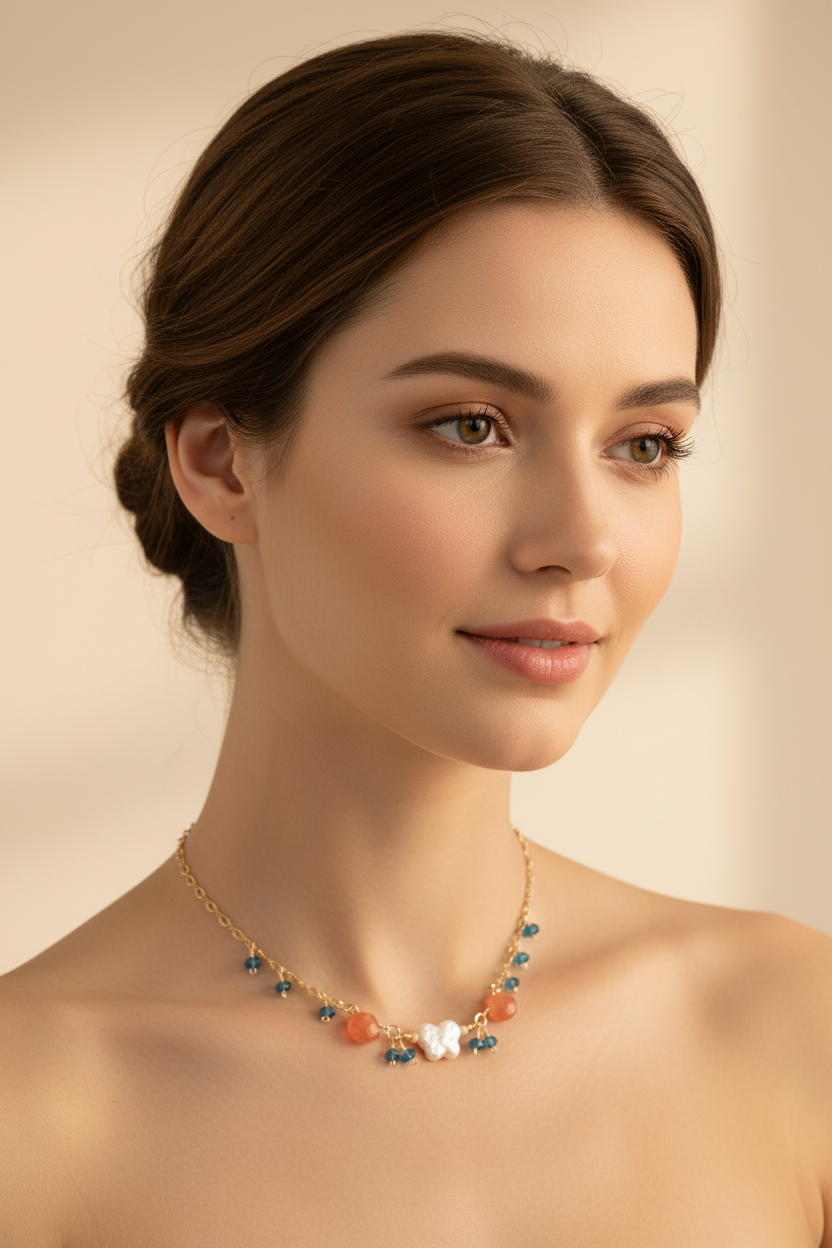 Butterfly Pearl Choker Necklace on Model