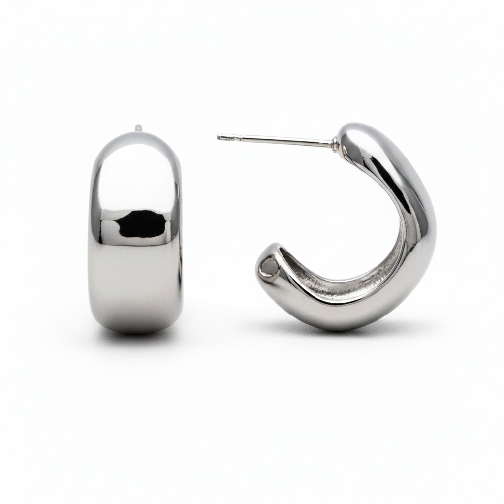 C-Hoop Stud Earrings Rhodium Plated Silver Open Hoop for Women

