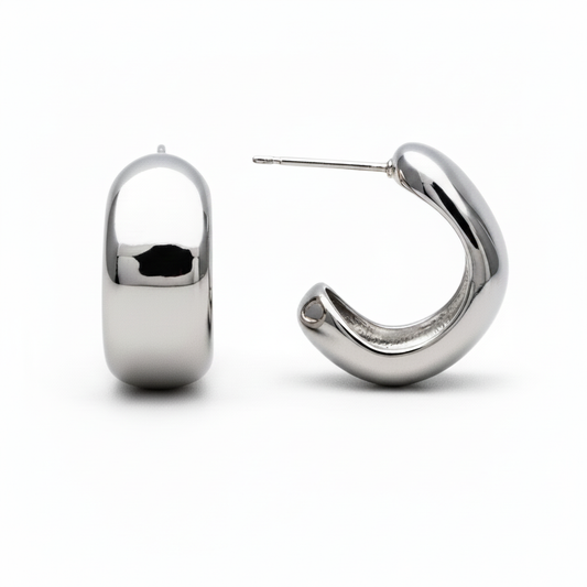 C-Hoop Stud Earrings Rhodium Plated Silver for Women
