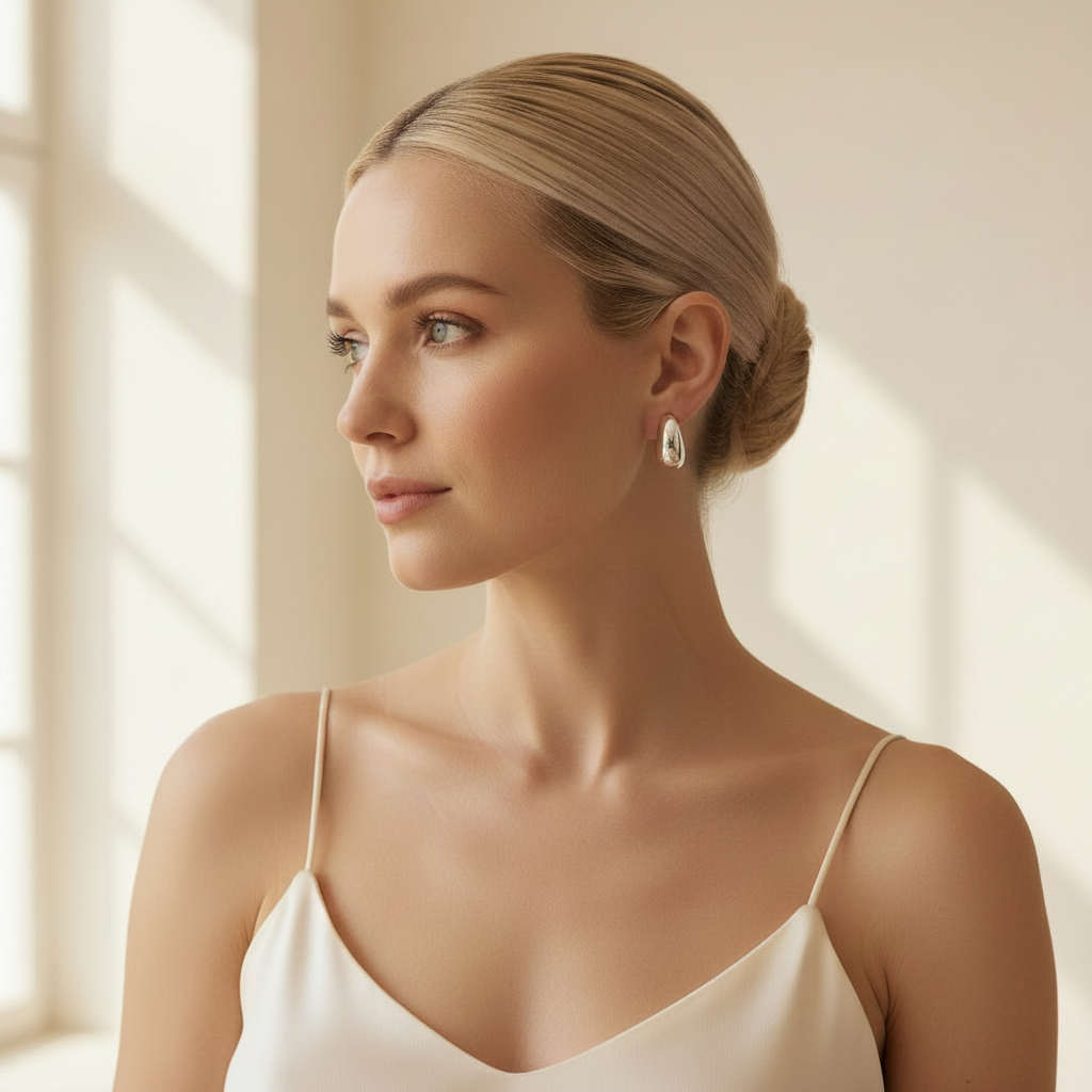 Rhodium Plated Silver Hoop Earrings Open C-Hoop Studs for Women


