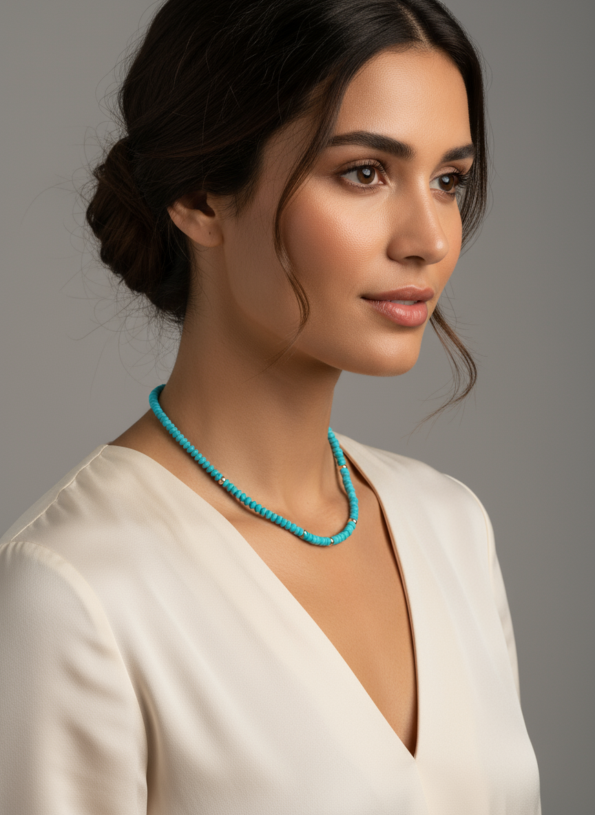 Campitos Turquoise Necklace at Comfortable Length on Model