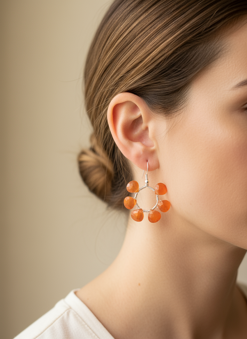 Woman wearing carnelian open hoop earrings on sterling silver 925  with hook and natural orange gemstone