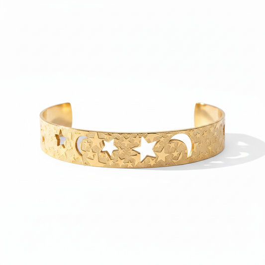 Celestial Cuff Bracelet 18k Gold Plated Sun Moon Stars Open Bangle for Women
