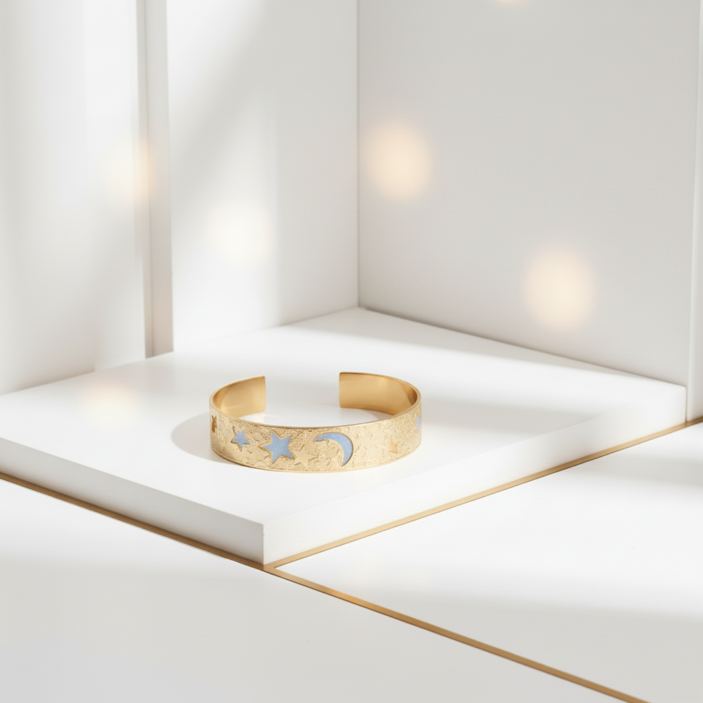 Celestial gold cuff bracelet flat lay in white and gold setting - 18k gold plated - Ms Friesch