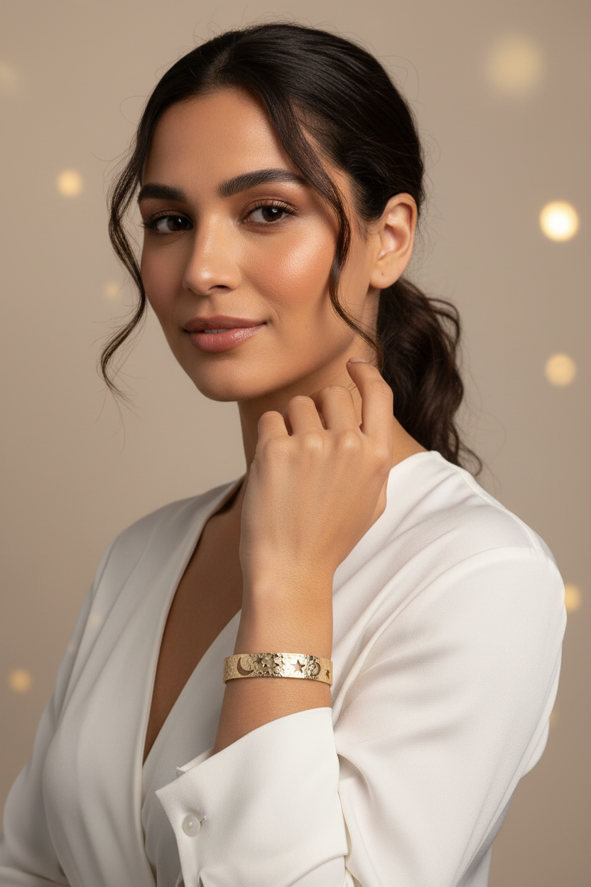 Latin model wearing celestial gold cuff bracelet with sun moon and star design - Ms Friesch