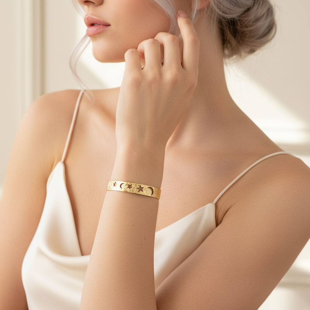 18k Gold Plated Celestial Cuff Bracelet Star Moon Cutout Worn on Wrist for Women
