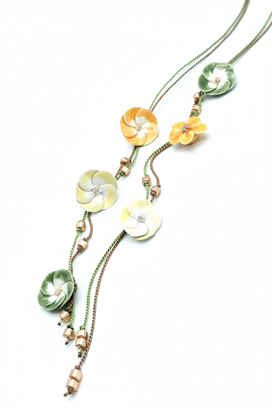 Handmade ceramic flower silk lariat necklace with no clasp - French artisan open-ended threader jewelry on white background