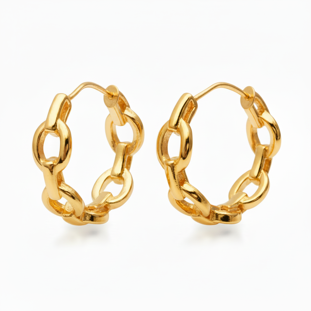 18k Gold Plated Link Hoop Earrings 24mm Tarnish Resistant for Women
