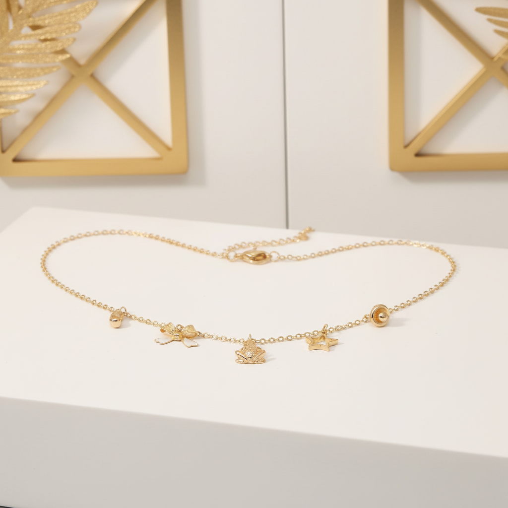 18k Gold Plated 3D Charm Necklace with Frog, Bean, Bow, Star and Mushroom Charms in gold and white setting
