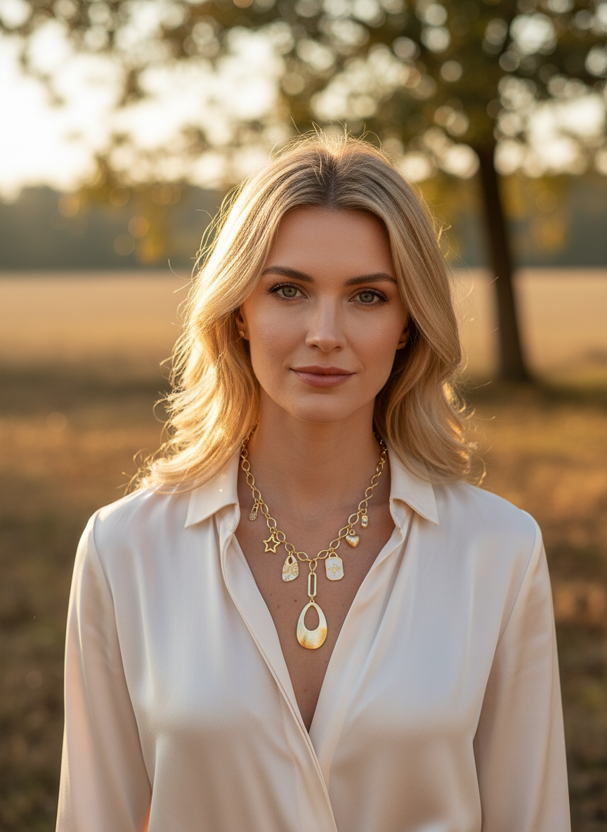 Woman wearing layered gold charm necklace - lifestyle shot