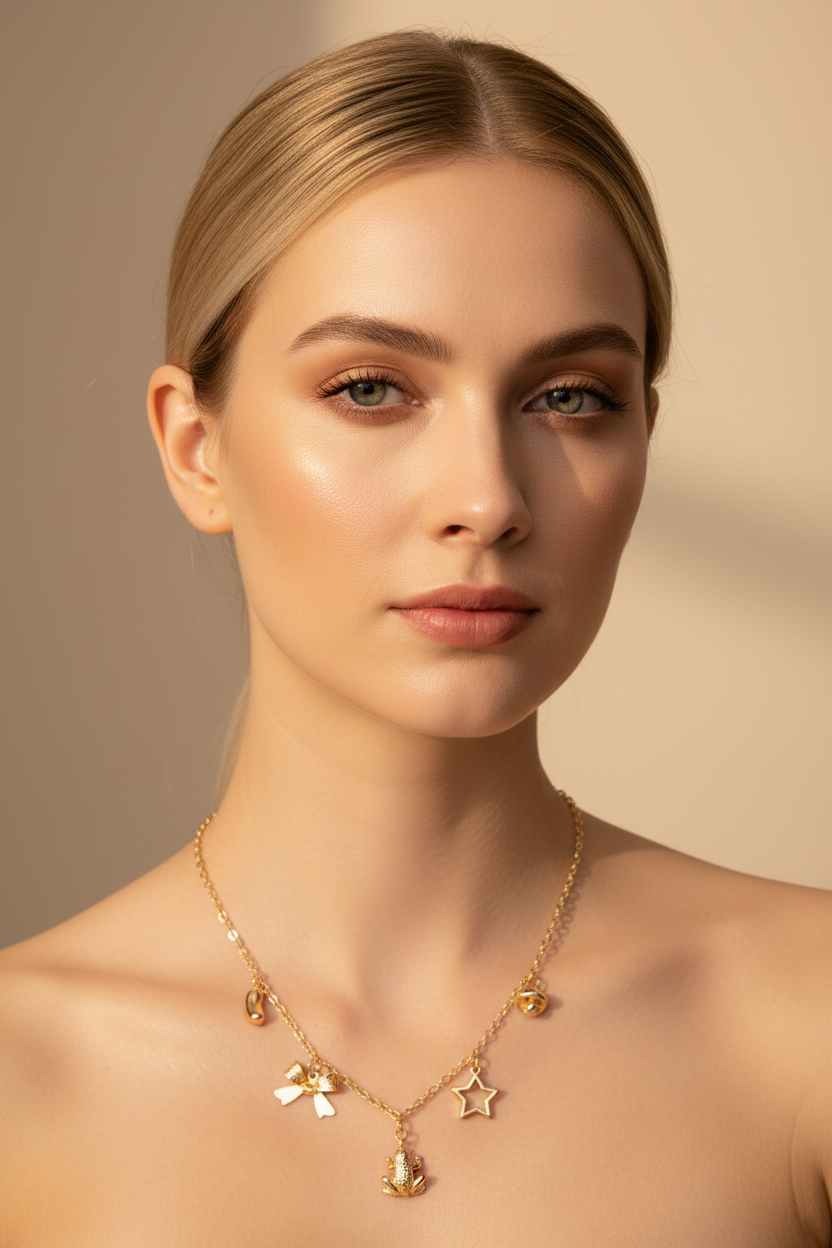Model wearing 18k Gold Plated 3D Charm Necklace with Frog, Bean, Bow, Star and Mushroom Charms

