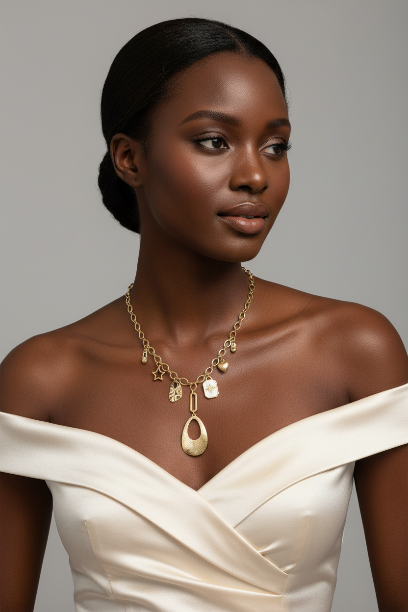Gold Charm Necklace on Model Heart Padlock Star 18k Gold Plated for Women
