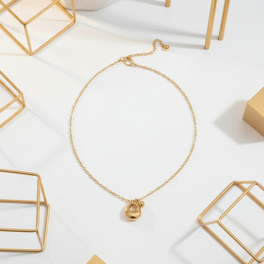 Tiny Charm & Bead Chain Necklace flat lay – 18k PVD Gold Stainless Steel waterproof necklace
