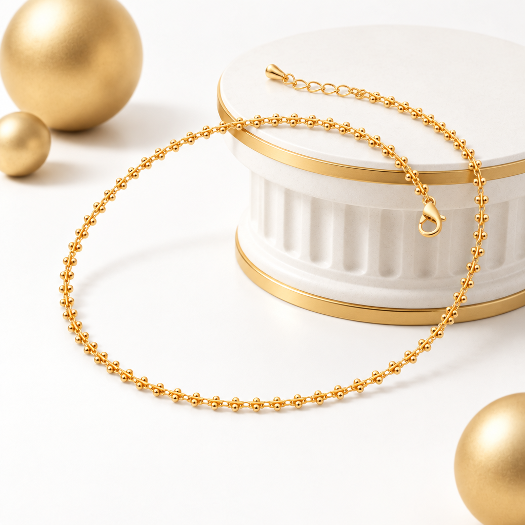 Delicate beaded chain choker, gold plated finish
