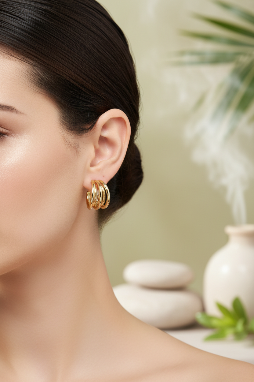 Woman wearing chunky 5-row gold plated hoop stud earrings 20mm statement jewelry