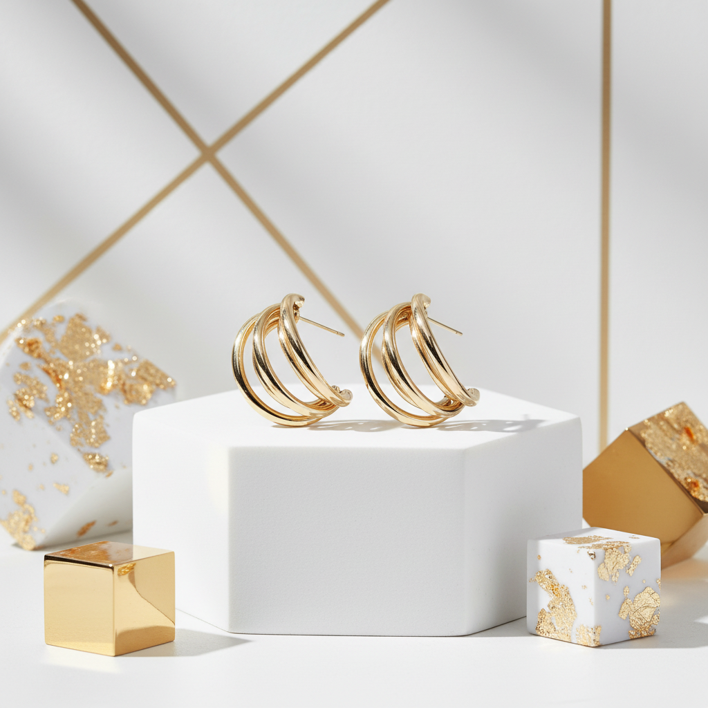 Bold chunky 5-row gold plated hoop earrings architectural design modern jewelry