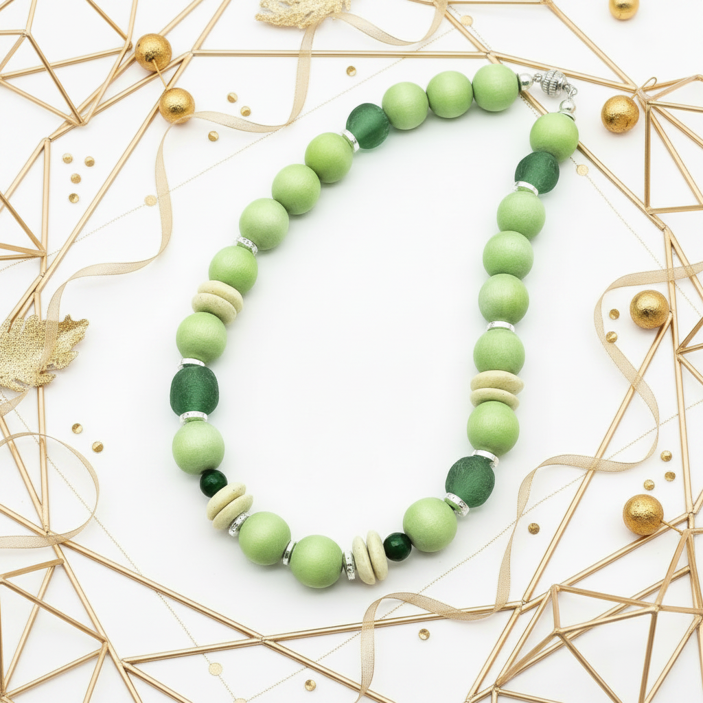 Apple Green Wood Bead Necklace Gold Accents African Glass Beads for Women
